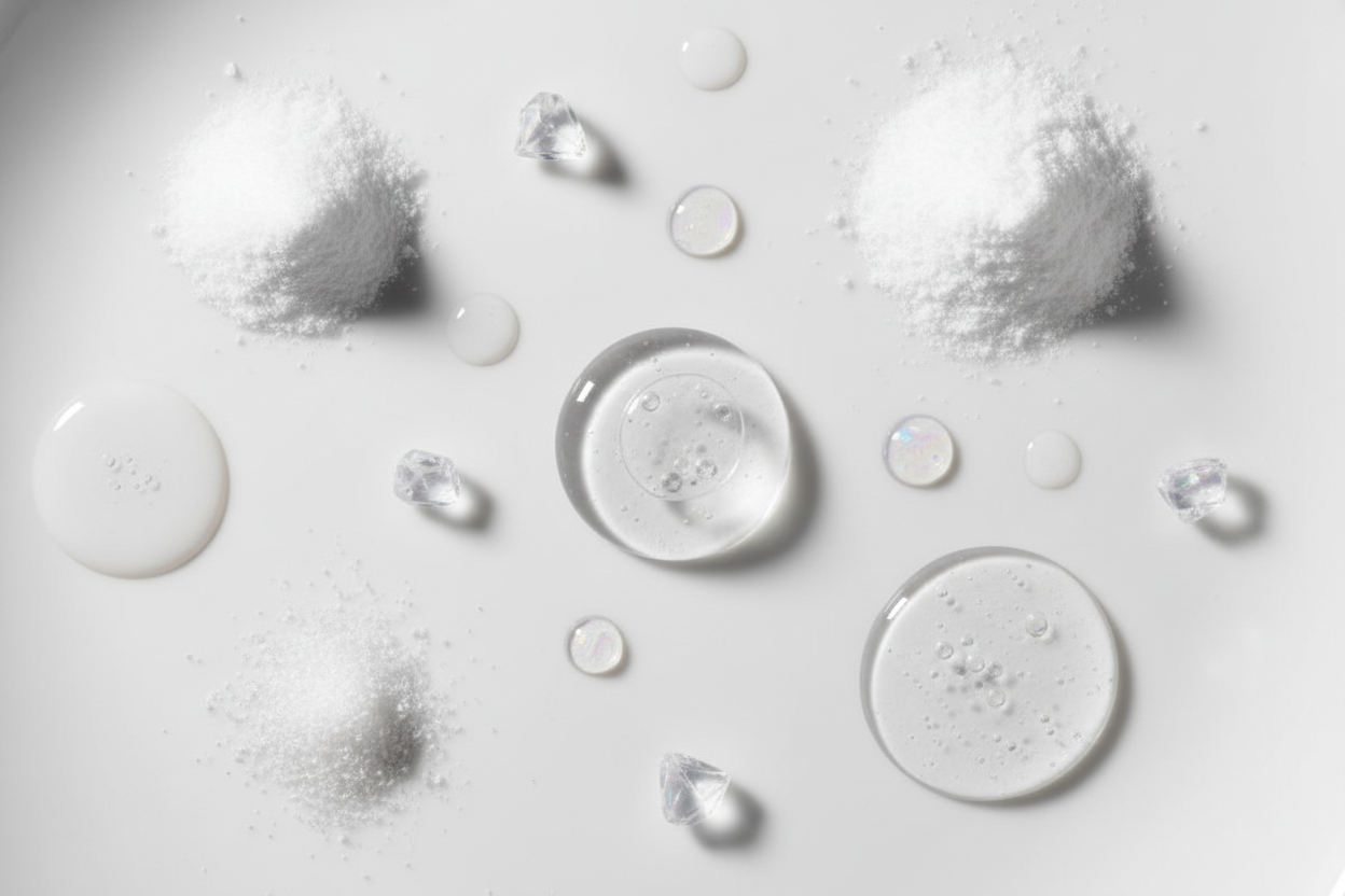 Top view glimpse into the skincare product development process, showing various real ingredients under high zoom, white and transparent colours, cinematic angle, excellent light, no devices, only material and ingredients